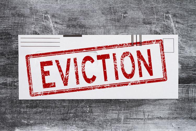 Eviction Word Message Business Envelope Weathered Wood Desk